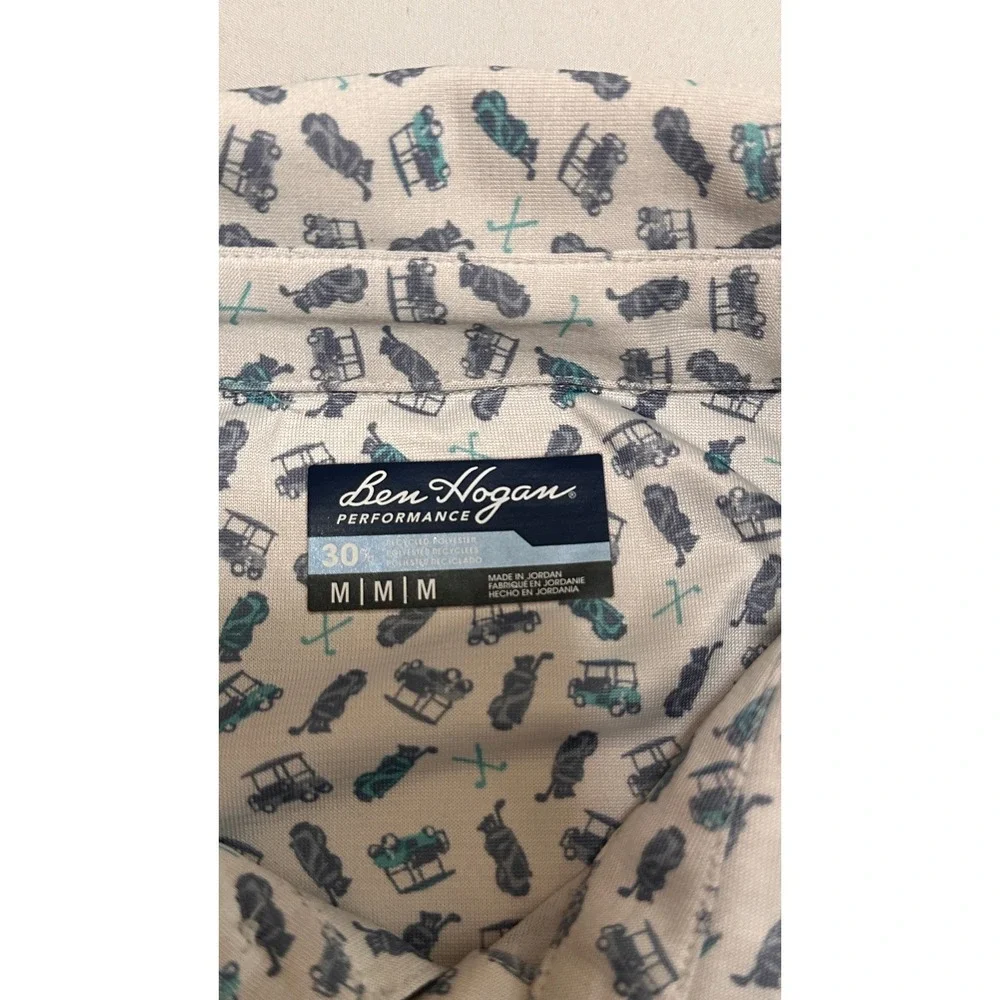 Ben Hogan Performance Golf Polo Shirt Mens M Gray Golf Cart Bag Print Stretch